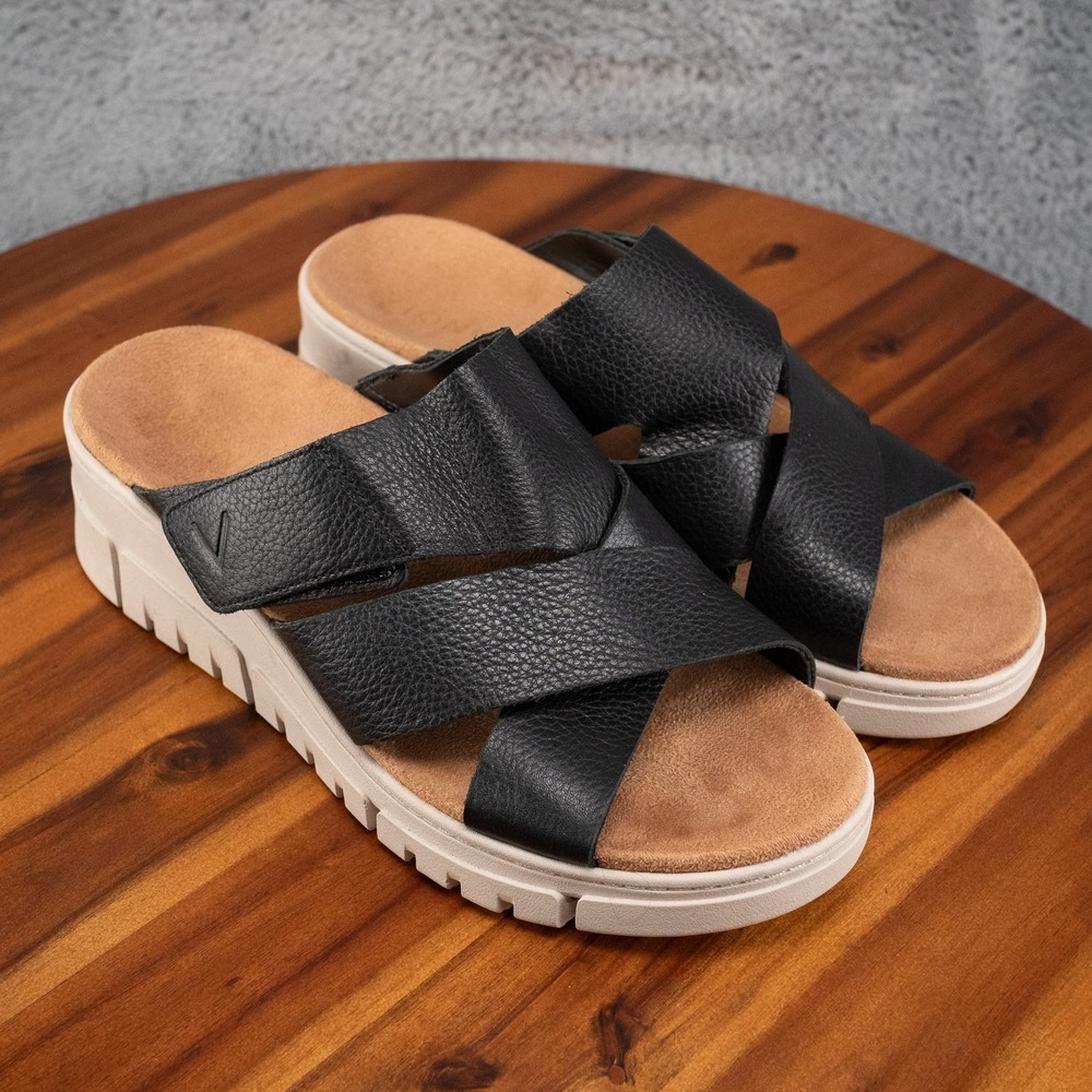Vionic Uptown Sunset Black Leather Platform Slide Sandals Womens 8.5 Orthotic